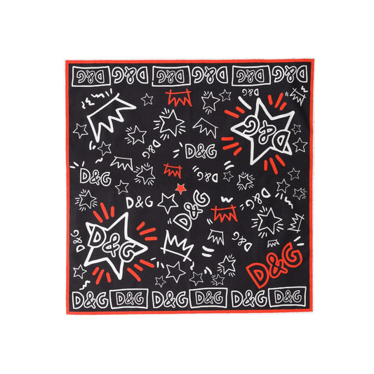 Dolce & Gabbana Black White Red DG Crown Cotton Foulard 47cm x 46cm Scarf
