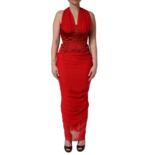 Dolce & Gabbana Red Halter Corset Sleeveless Sheath Dress