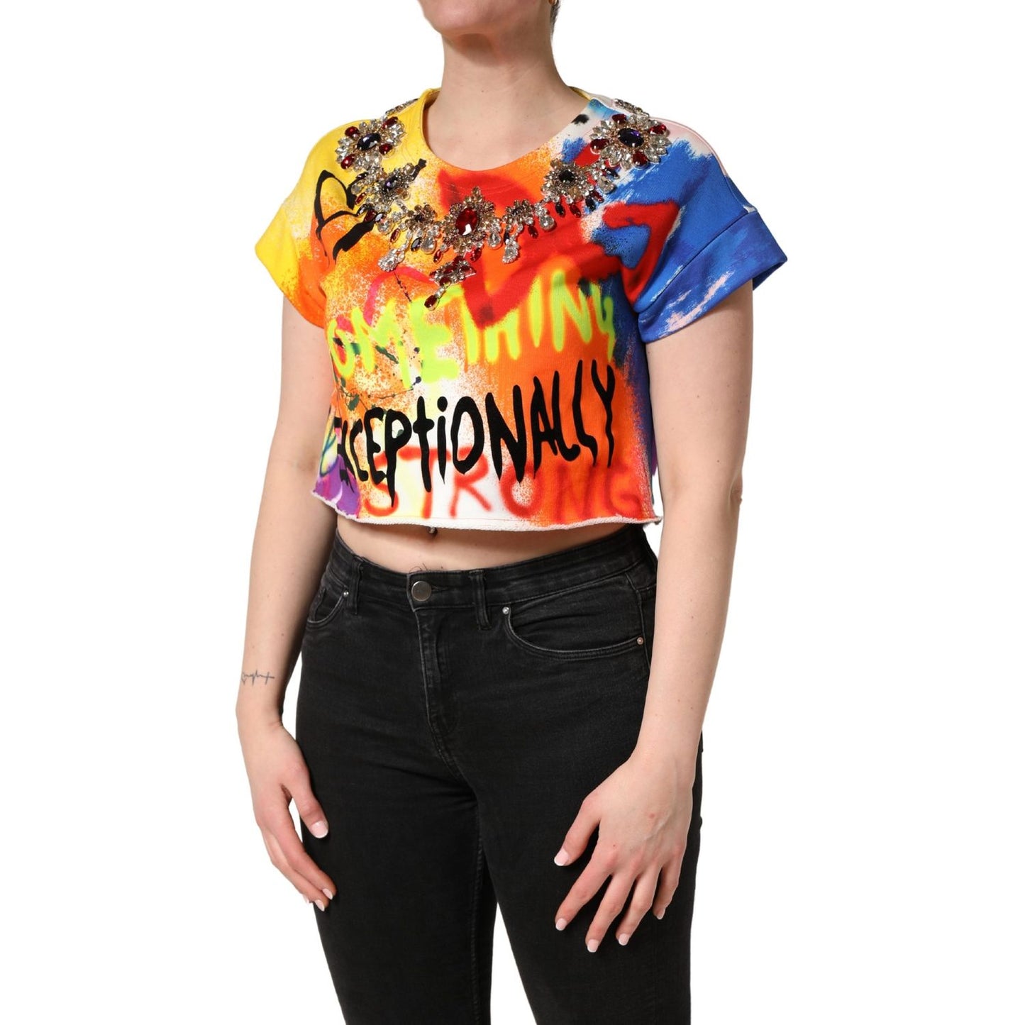 Dolce & Gabbana Multicolor Graffiti Crystals Crop Jersey Top