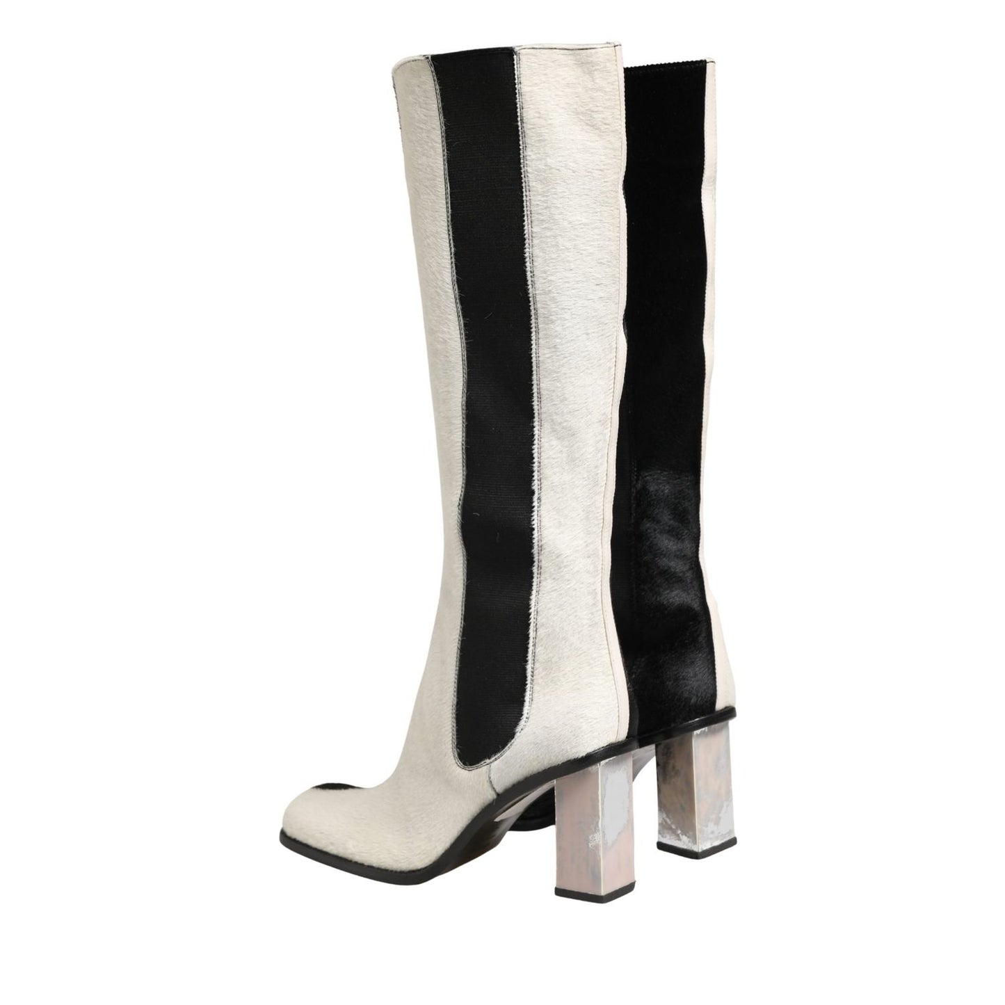 Dolce & Gabbana White Black Leather Knee High Boots Shoes