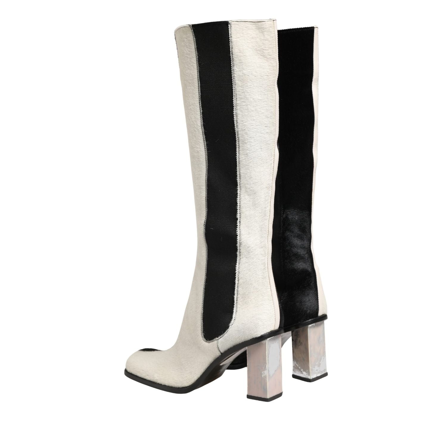 Dolce & Gabbana White Black Leather Knee High Boots Shoes