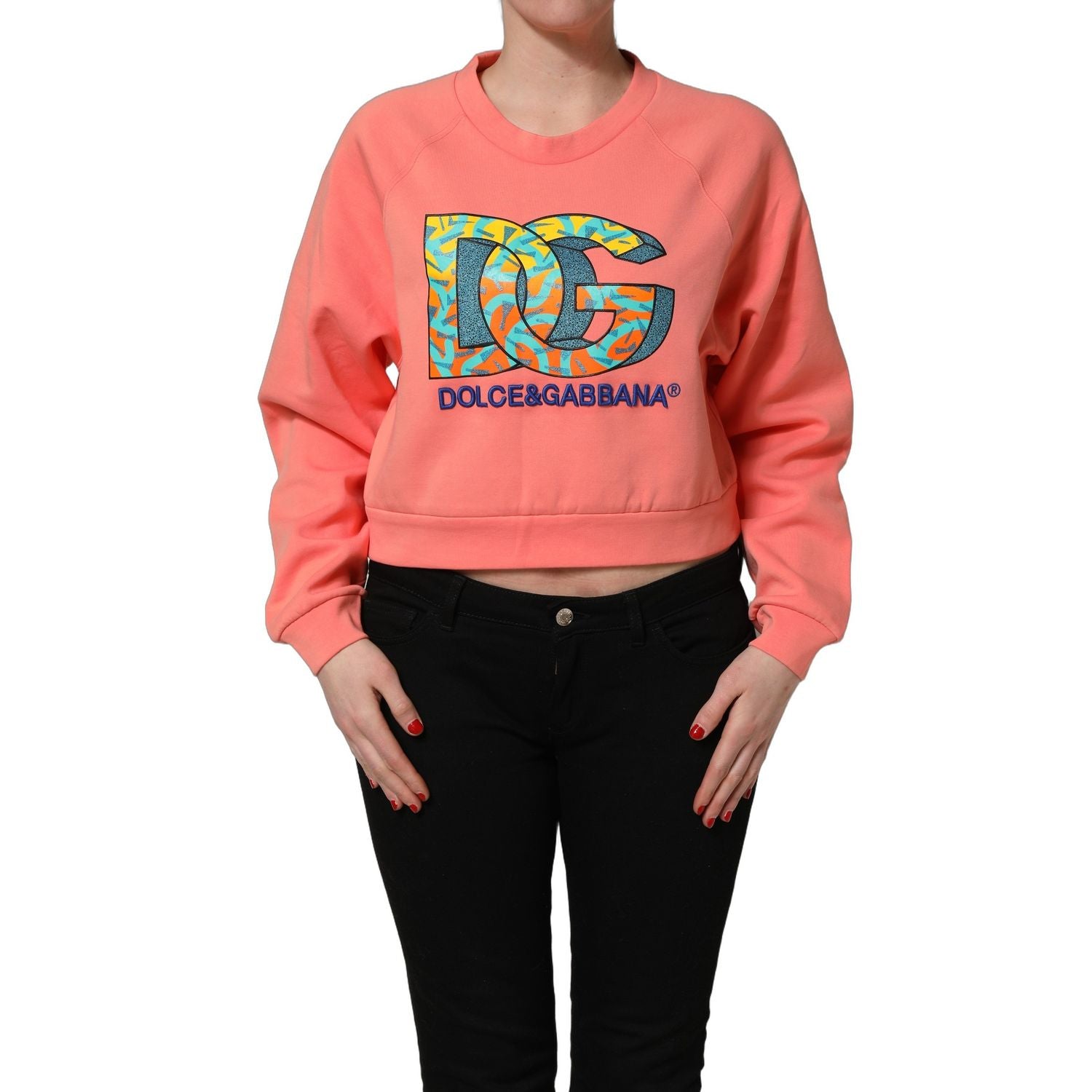 Dolce & Gabbana Pink Graphic Crew Neck Cropped Sweatshirt Sweater