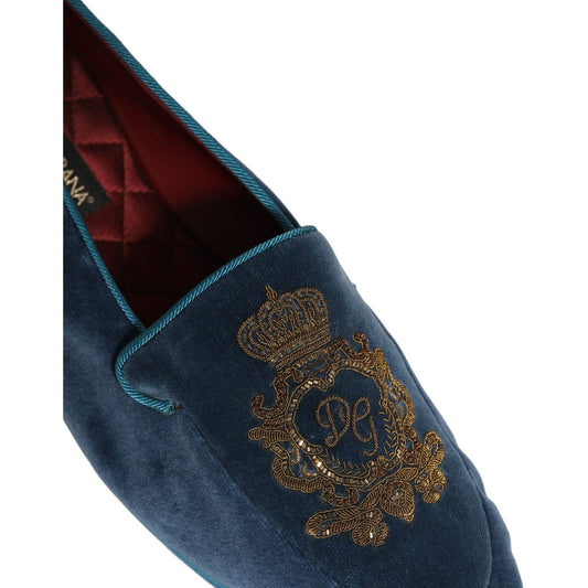 Dolce & Gabbana Blue Velvet Crown Embroidery Loafers Shoes