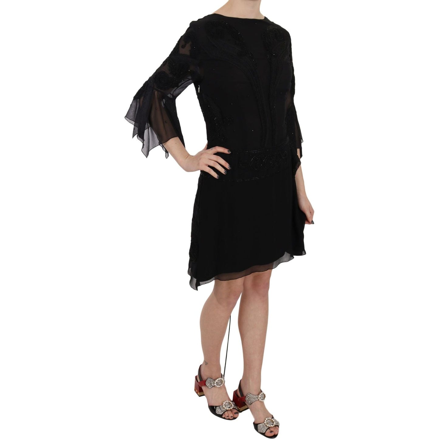 John Richmond Black Sequined Silk Mini Shift Gown