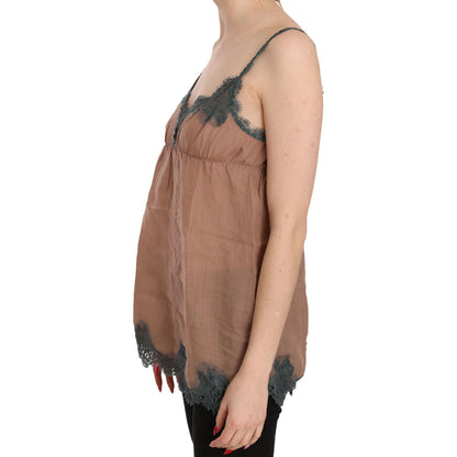 PINK MEMORIES Brown Lace Spaghetti Strap Tank Top Blouse