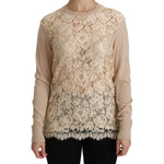 Dolce & Gabbana Elegant Beige Lace Crew Neck Cashmere Blouse Dolce & Gabbana Rosy Brown