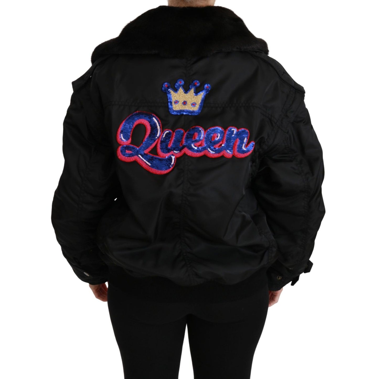 Dolce & Gabbana Black Queen Crown Sequined Bomber Jacket