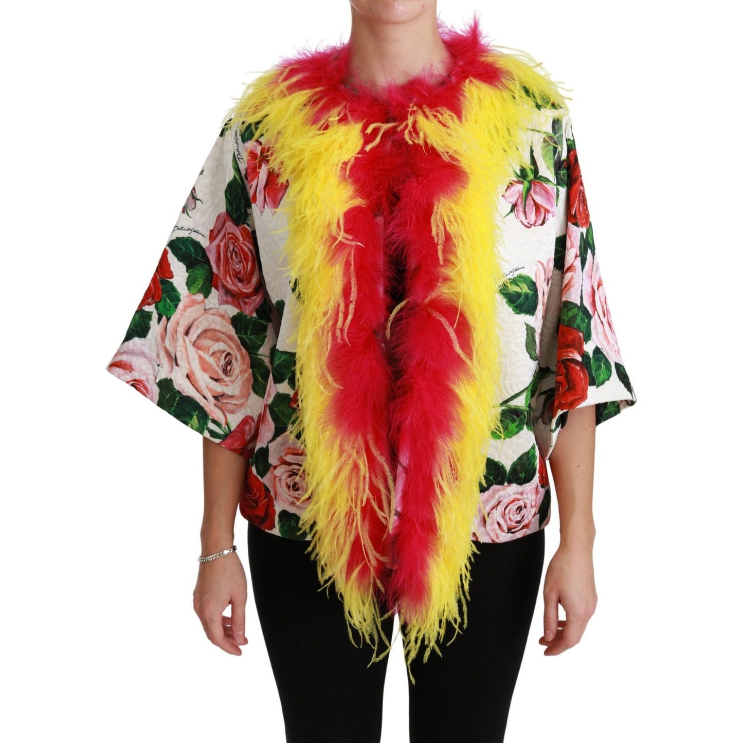 Dolce & Gabbana White Floral Coat Capte Fur Roses Jacket1728,67345645728,Clothing,Coats - Jackets & Coats - Clothing,Dolce & Gabbana,IT40|S,Jackets & Coats - Clothing,Jackets & Coats - Women - Clothing,Material: 64% Viscose 36% Cotton,New with tags,White,