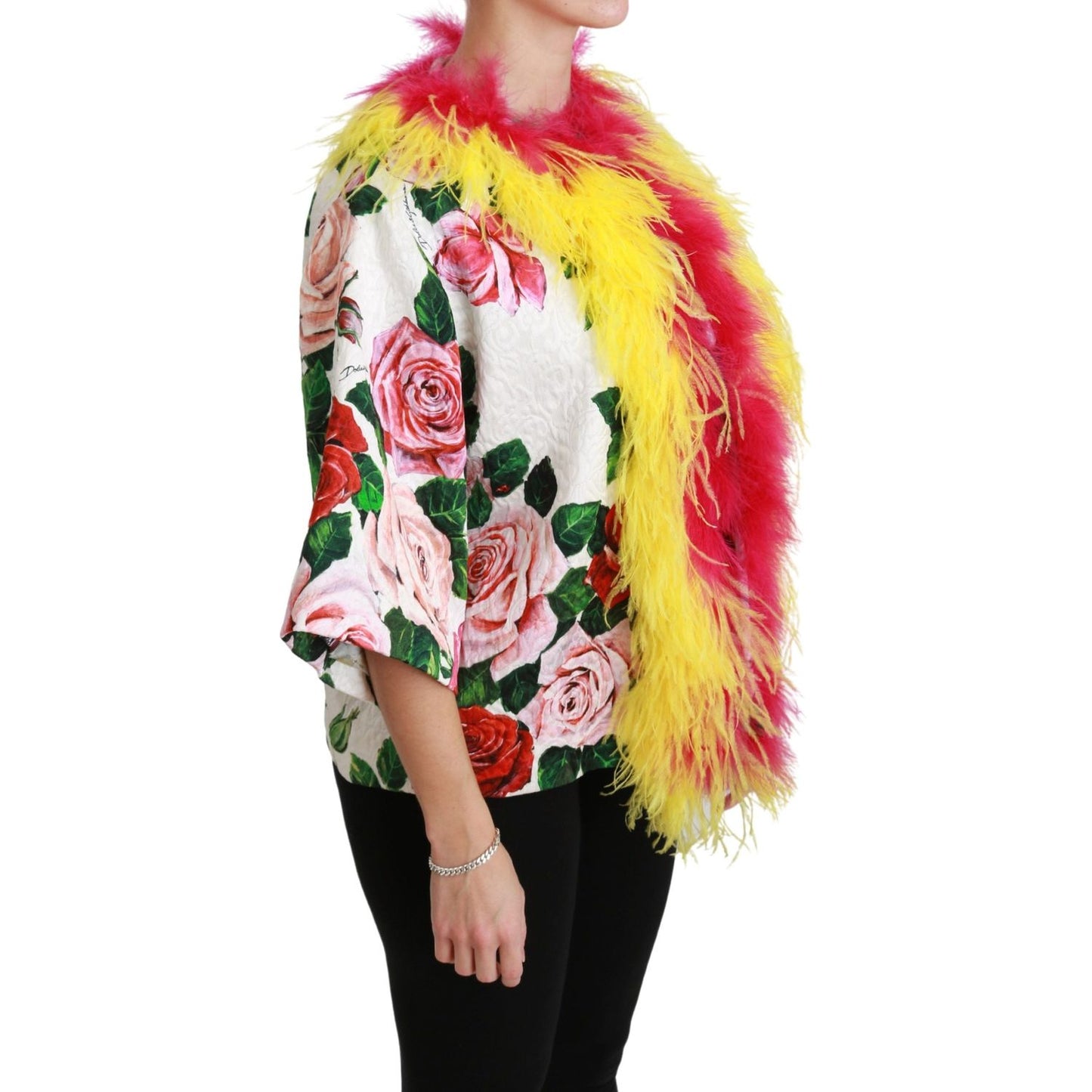 Dolce & Gabbana White Floral Coat Capte Fur Roses Jacket1728,67345645728,Clothing,Coats - Jackets & Coats - Clothing,Dolce & Gabbana,IT40|S,Jackets & Coats - Clothing,Jackets & Coats - Women - Clothing,Material: 64% Viscose 36% Cotton,New with tags,White,