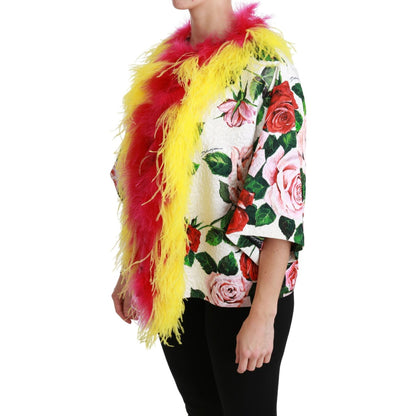 Dolce & Gabbana White Floral Coat Capte Fur Roses Jacket1728,67345645728,Clothing,Coats - Jackets & Coats - Clothing,Dolce & Gabbana,IT40|S,Jackets & Coats - Clothing,Jackets & Coats - Women - Clothing,Material: 64% Viscose 36% Cotton,New with tags,White,