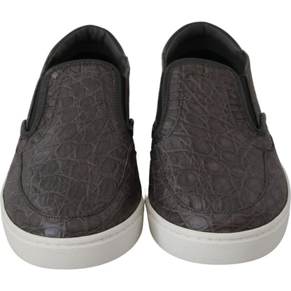 Dolce & Gabbana Gray Leather Flat Caiman Mens Loafers Shoes
