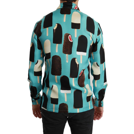 Dolce & Gabbana Blue Silk Ice Cream Print Casual Shirt
