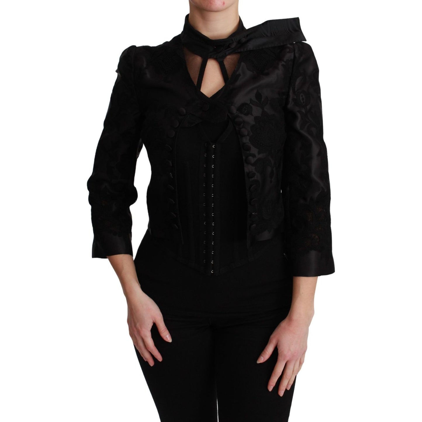 Dolce & Gabbana Black Floral Jacquard Blazer Silk Jacket