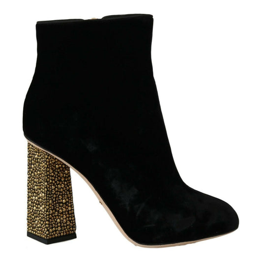 Dolce & Gabbana Black Velvet Crystal Square Heels Shoes