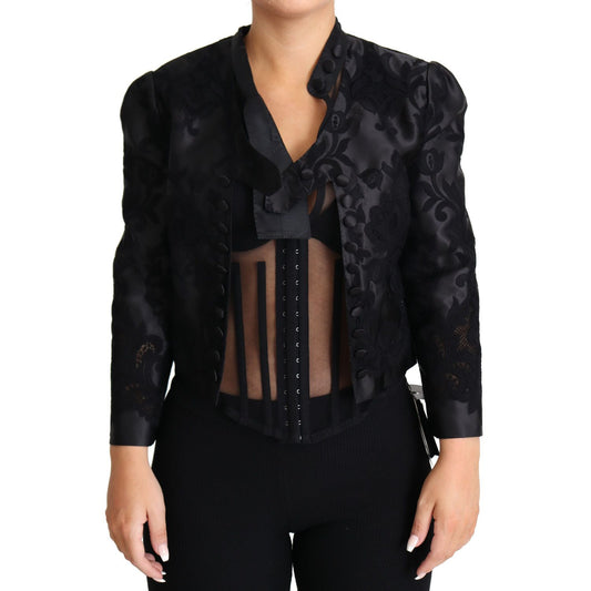 Dolce & Gabbana Black Lace Sheer Corset Organza Silk Jacket1728,67345645728,Black,Blazers - Suits & Blazers - Clothing,Clothing,Coats - Jackets & Coats - Clothing,Dolce & Gabbana,IT46|XL,Jackets & Coats - Clothing,Jackets & Coats - Women - Clothing,New wi