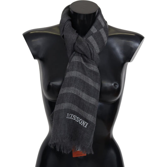 Missoni Gray Striped Wool Unisex Neck Wrap Fringes Scarf 1728,67345645728,Accessories,Gray,Material: 100% Wool,Men,Men - Accessories,Missoni,New with tags,Scarves - Accessories,Scarves - Men - Accessories,Scarves - Scarves - Accessories