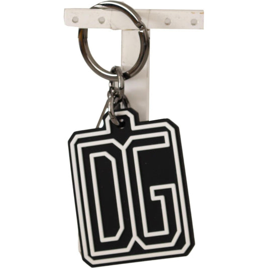 Dolce & Gabbana Black White DG Rubber Logo Silver Ring Keychain SMY100578