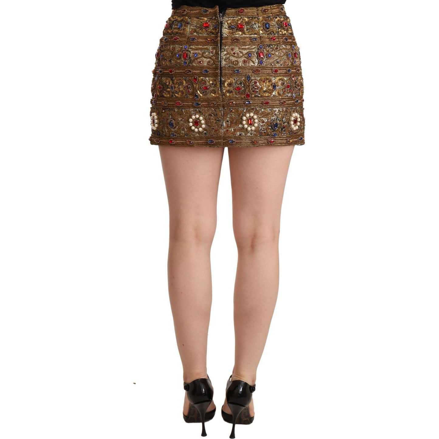 Dolce & Gabbana Gold Crystal Jacquard High Waist Skirt SKI1502 -38
