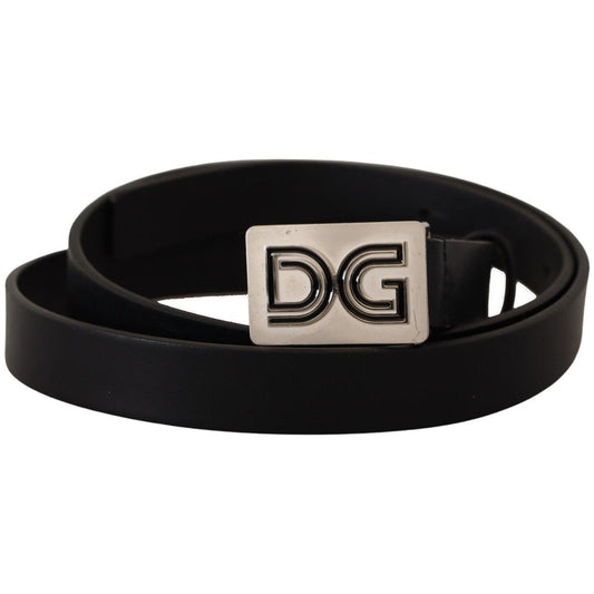 Dolce & Gabbana Black Leather Silver DG Logo Buckle Belt BEL8373 - 90