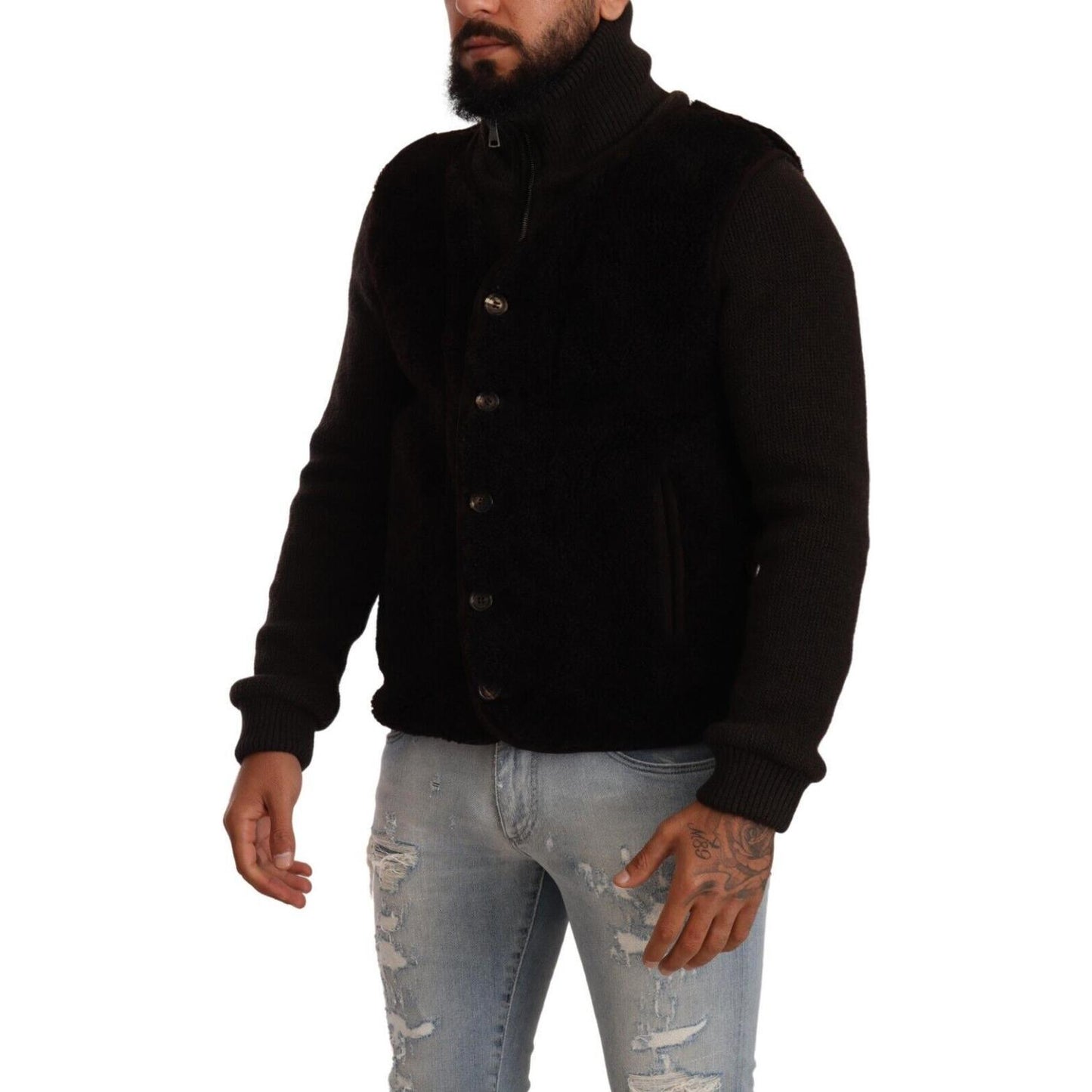 Dolce & Gabbana Black Leather Mens Turtle Neck Coat Jacket