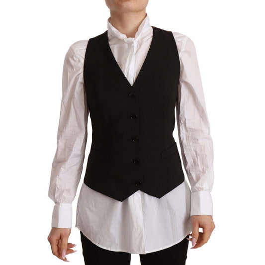 Dolce & Gabbana Black Button Down Sleeveless Vest Polyester Top