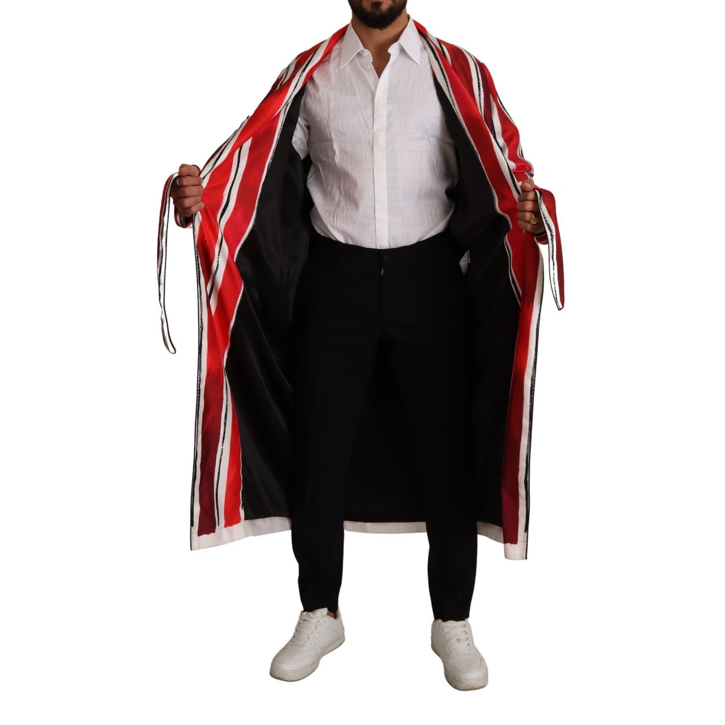 Dolce & Gabbana Red White Striped Silk Mens Night Gown Robe