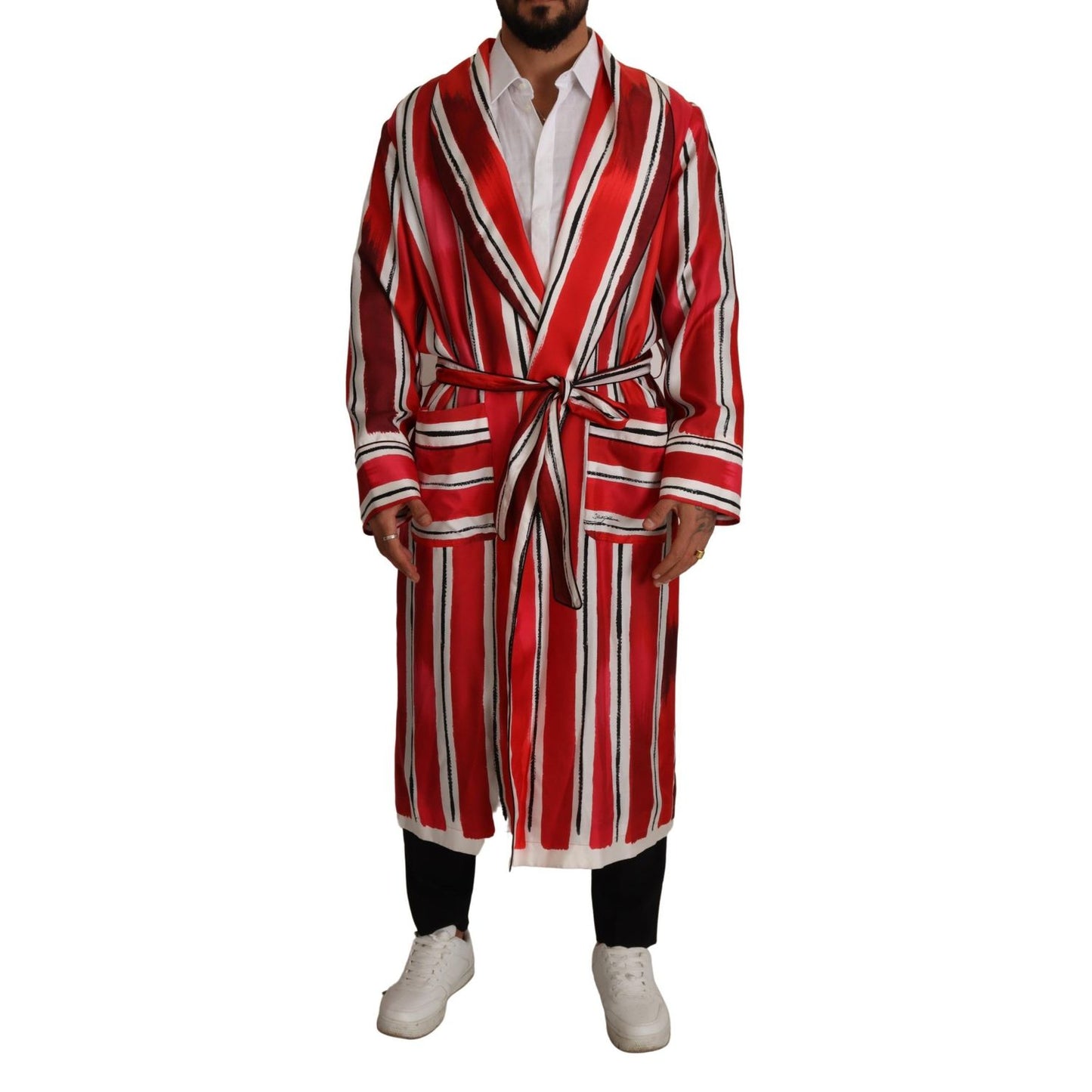 Dolce & Gabbana Red White Striped Silk Mens Night Gown Robe
