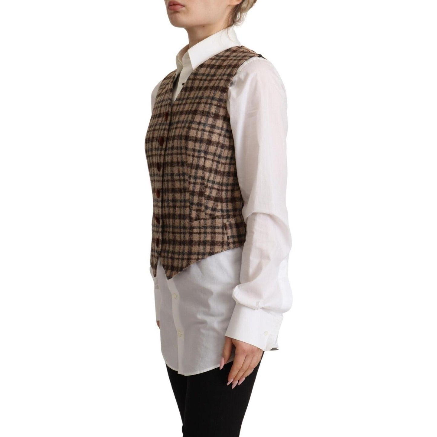Dolce & Gabbana Brown Checkered Leopard V-neck Sleeveless Vest Top