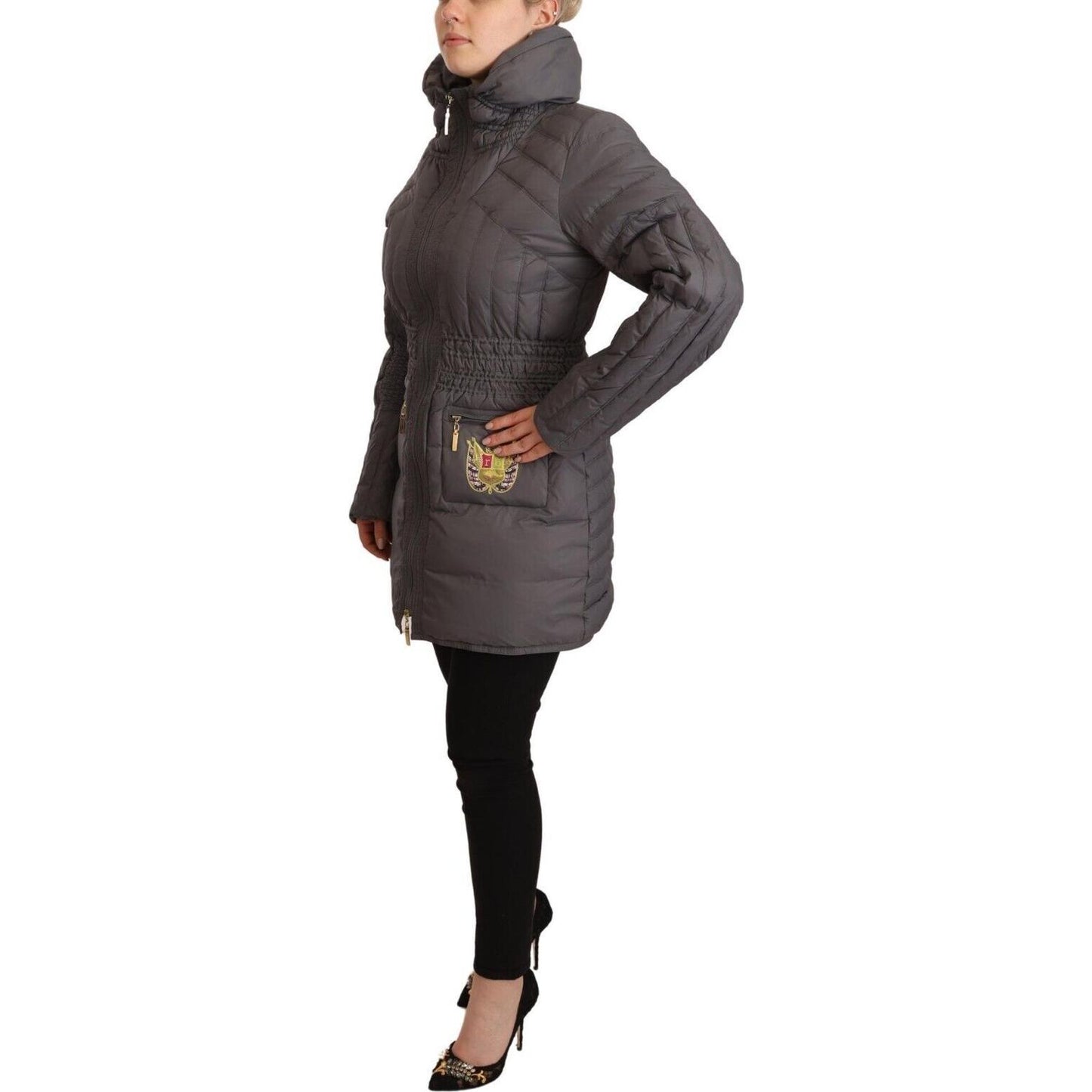 Roccobarocco Gray Quilted Long Sleeves Logo Patch Full Zip Jacket