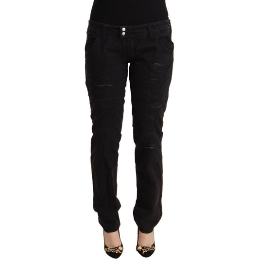 CYCLE Black Cotton Distressed Low Waist Slim Fit Denim Jeans