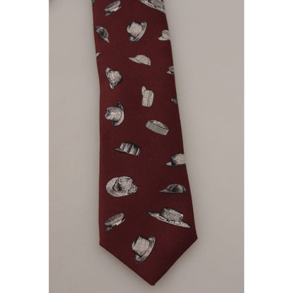 Dolce & Gabbana Maroon Hat Pattern 100% Silk Adjustable Accessory Tie 1728,67345645728,Accessories,Dolce & Gabbana,Maroon,Material: 100% Silk,Men,Men - Accessories,New with tags,Ties & Bowties - Men - Accessories,Ties - Ties and Formal Accessories - Acces