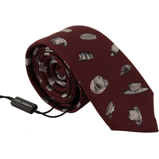 Dolce & Gabbana Maroon Hat Pattern 100% Silk Adjustable Accessory Tie 1728,67345645728,Accessories,Dolce & Gabbana,Maroon,Material: 100% Silk,Men,Men - Accessories,New with tags,Ties & Bowties - Men - Accessories,Ties - Ties and Formal Accessories - Acces