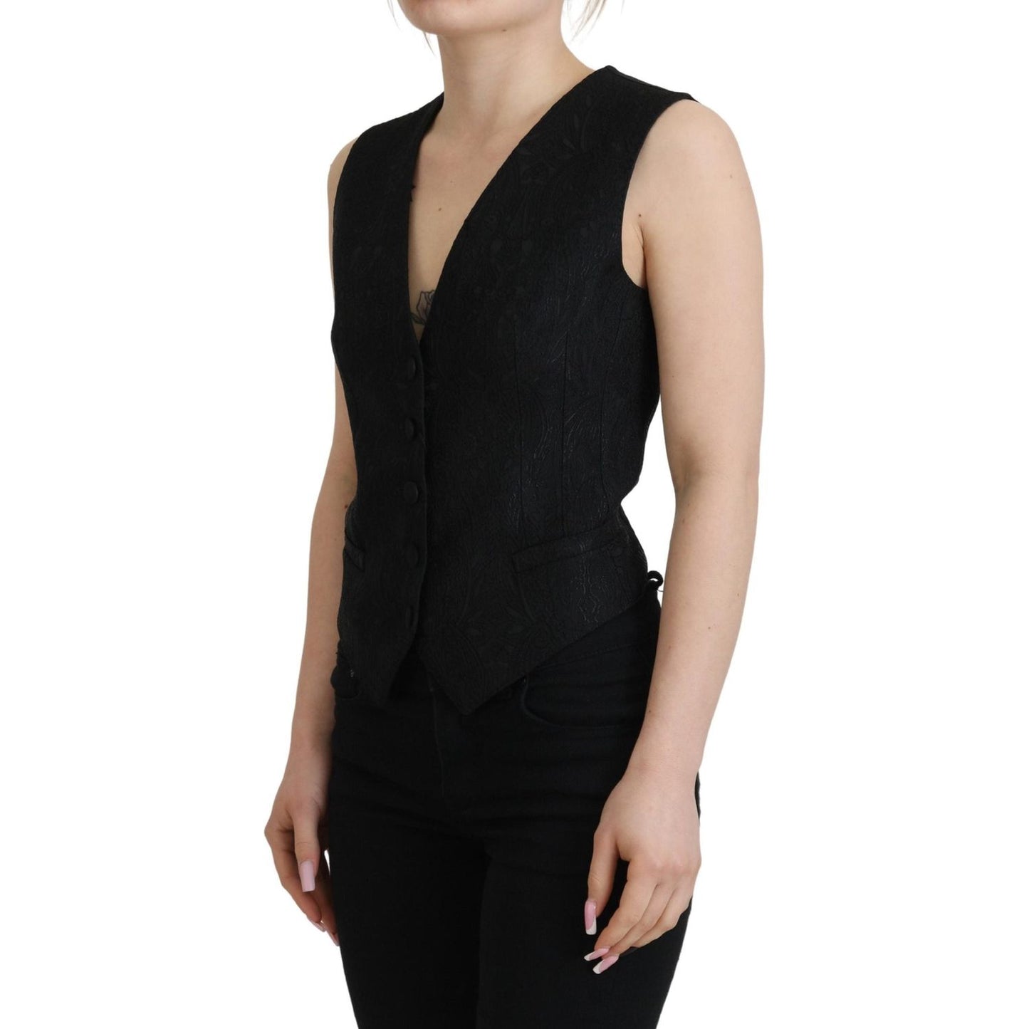 Dolce & Gabbana Black Brocade Button Down Sleeveless Vest Top