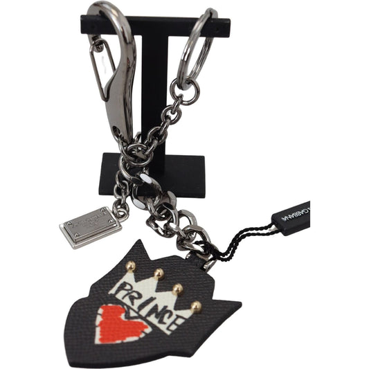 Dolce & Gabbana Black Prince Studs Logo Silver Brass Keychain 10% Ferro,1728,20% Brass,30% Leather,67345645728,Accessories,Black | Silver,Dolce & Gabbana,Keychains - Men - Accessories,Keychains - Other Accessories - Accessories,Material: 40% Zama,Men,Men