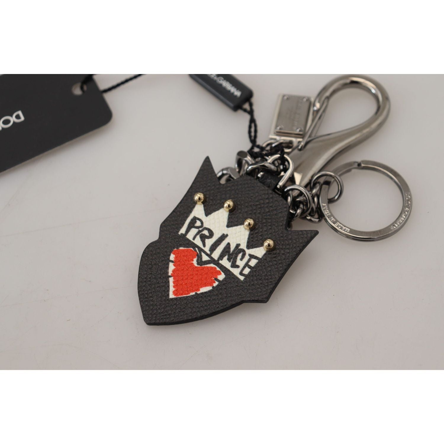 Dolce & Gabbana Black Prince Studs Logo Silver Brass Keychain