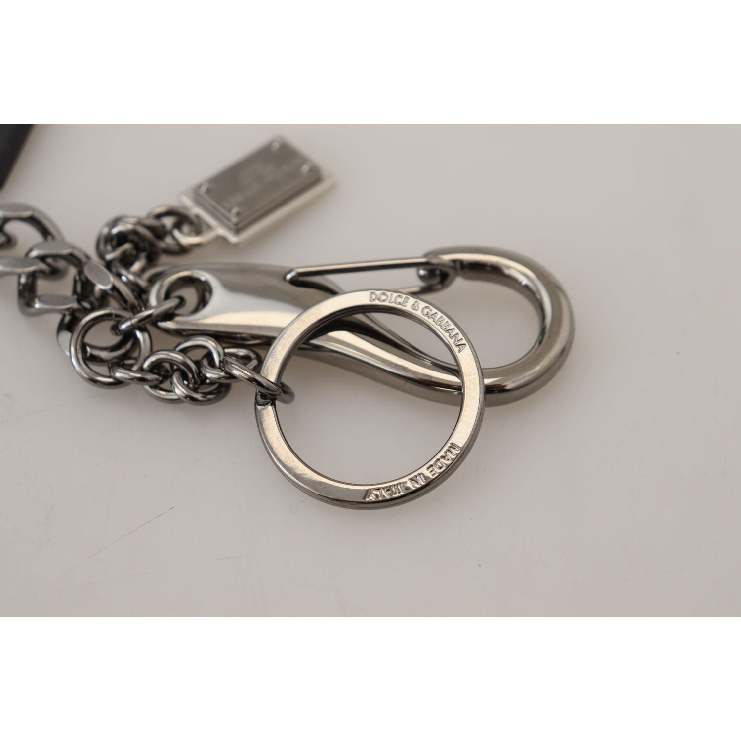 Dolce & Gabbana Black Prince Studs Logo Silver Brass Keychain