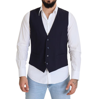 Dolce & Gabbana Dark Blue Wool Stretch Waistcoat Formal Vest