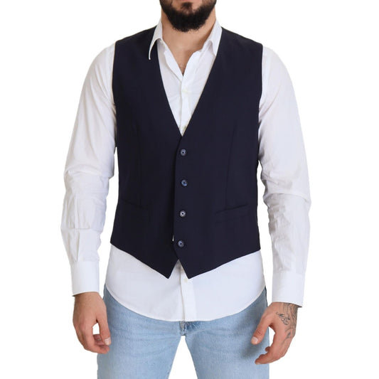 Dolce & Gabbana Dark Blue Wool Stretch Waistcoat Formal Vest