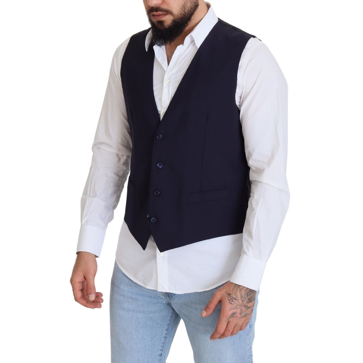 Dolce & Gabbana Dark Blue Wool Stretch Waistcoat Formal Vest