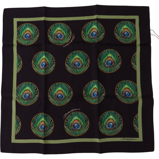Dolce & Gabbana Black Peacock Feather DG Printed Square Handkerchief Scarf 1728,67345645728,Accessories,Dolce & Gabbana,Material: 100% Silk,Men,Men - Accessories,New with tags,Scarves - Accessories,Scarves - Men - Accessories,Scarves - Scarves - Accessori