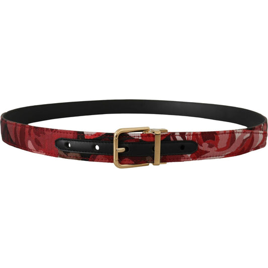 Dolce & Gabbana Red Jacquard Rose Leather Gold Metal Buckle Belt 1728,67345645728,90 cm / 36 Inches,Accessories,Belts - Accessories,Belts - Men - Accessories,Dolce & Gabbana,Material: Leather,Men,Men - Accessories,New with tags,Red,Regular Belts - Belts -