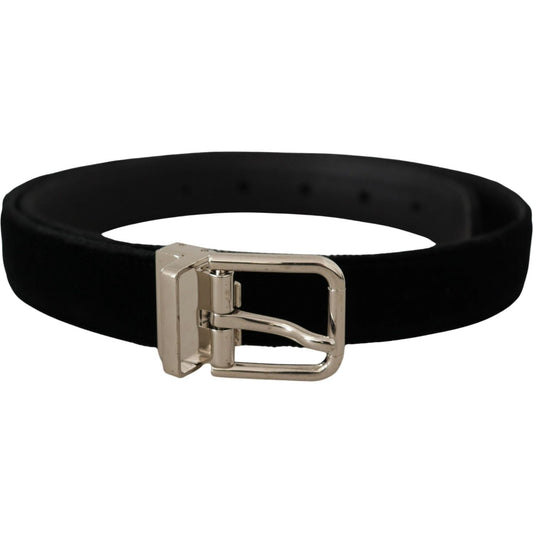 Dolce & Gabbana Black Velvet Silver Tone Metal Logo Buckle Belt BEL8433 - 80