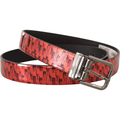 Dolce & Gabbana Red Herringbone Leather Gray Tone Buckle Belt 1728,67345645728,90 cm / 36 Inches,Accessories,Belts - Accessories,Belts - Men - Accessories,Dolce & Gabbana,Material: Leather,Men,Men - Accessories,New with tags,Red,Regular Belts - Belts - Ac