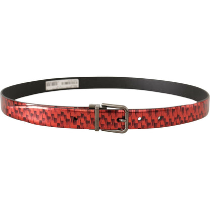 Dolce & Gabbana Red Herringbone Leather Gray Tone Buckle Belt 1728,67345645728,90 cm / 36 Inches,Accessories,Belts - Accessories,Belts - Men - Accessories,Dolce & Gabbana,Material: Leather,Men,Men - Accessories,New with tags,Red,Regular Belts - Belts - Ac