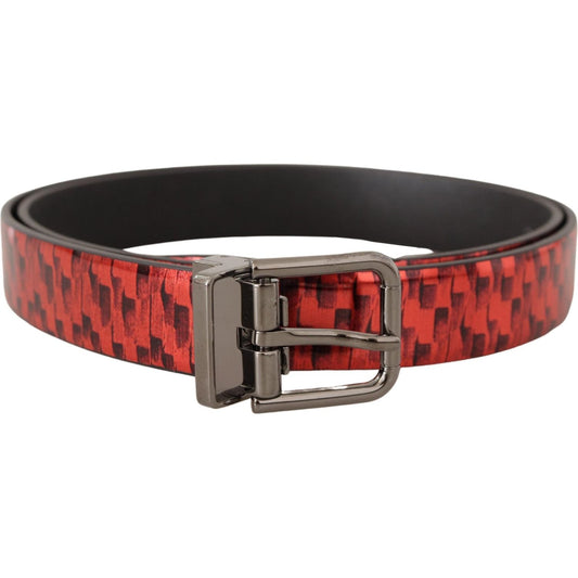 Dolce & Gabbana Red Herringbone Leather Gray Tone Buckle Belt 1728,67345645728,90 cm / 36 Inches,Accessories,Belts - Accessories,Belts - Men - Accessories,Dolce & Gabbana,Material: Leather,Men,Men - Accessories,New with tags,Red,Regular Belts - Belts - Ac