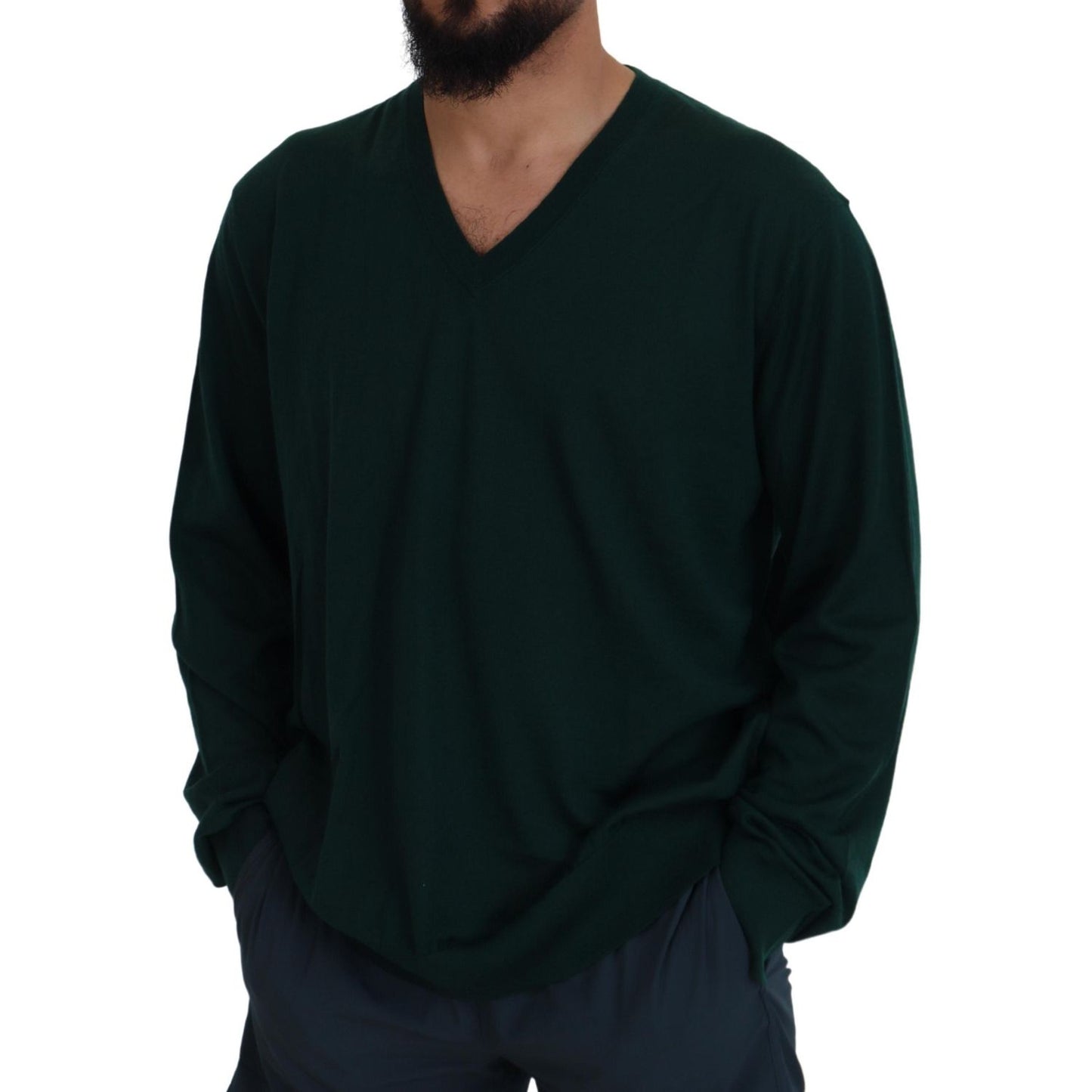 Dolce & Gabbana Green Cashmere V-neck Pullover Sweater