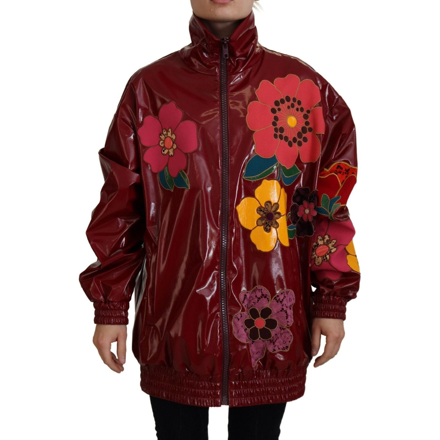 Dolce & Gabbana Maroon Floral Full Zip Polyester Women Jacket1728,67345645728,Clothing,Dolce & Gabbana,IT40|S,Jackets & Coats - Clothing,Jackets & Coats - Women - Clothing,Maroon,Material: 60% Polyester 40% Polyurethane,New with tags,Rain Coats - Jackets