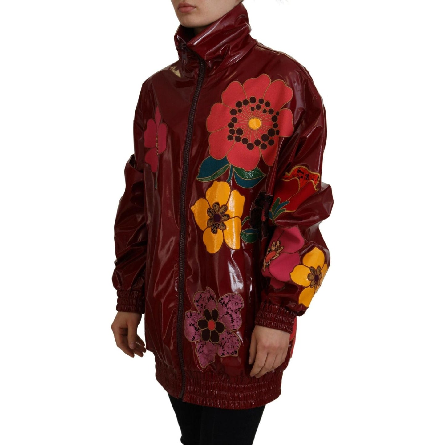 Dolce & Gabbana Maroon Floral Full Zip Polyester Women Jacket1728,67345645728,Clothing,Dolce & Gabbana,IT40|S,Jackets & Coats - Clothing,Jackets & Coats - Women - Clothing,Maroon,Material: 60% Polyester 40% Polyurethane,New with tags,Rain Coats - Jackets