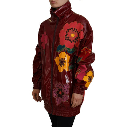 Dolce & Gabbana Maroon Floral Full Zip Polyester Women Jacket1728,67345645728,Clothing,Dolce & Gabbana,IT40|S,Jackets & Coats - Clothing,Jackets & Coats - Women - Clothing,Maroon,Material: 60% Polyester 40% Polyurethane,New with tags,Rain Coats - Jackets