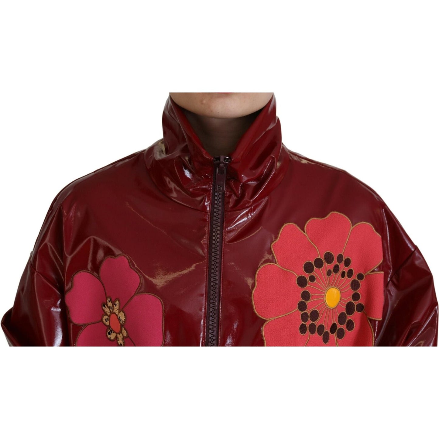 Dolce & Gabbana Maroon Floral Full Zip Polyester Women Jacket1728,67345645728,Clothing,Dolce & Gabbana,IT40|S,Jackets & Coats - Clothing,Jackets & Coats - Women - Clothing,Maroon,Material: 60% Polyester 40% Polyurethane,New with tags,Rain Coats - Jackets